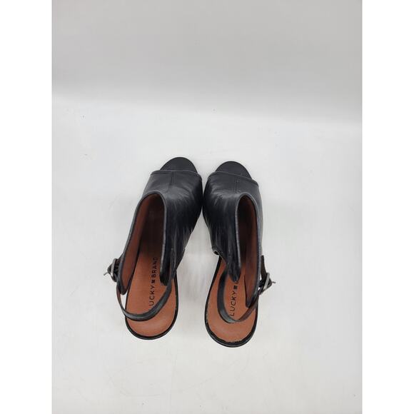 Lucky Brand Size 9 Peep Toe Black Leather Shooties Sandals Wedge Heel Sling Back - Picture 10 of 11